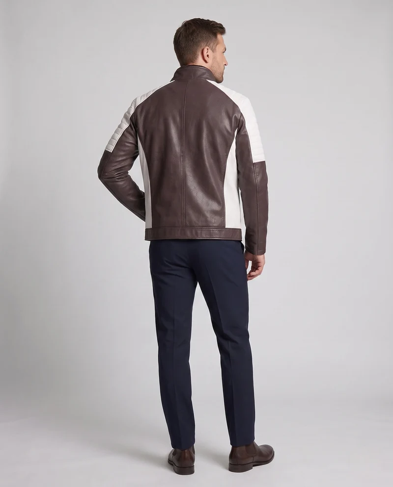 Herren Kunstleder Bikerjacke mit Teddyfutter, Stehkragen und dekorativem Riemen Drune