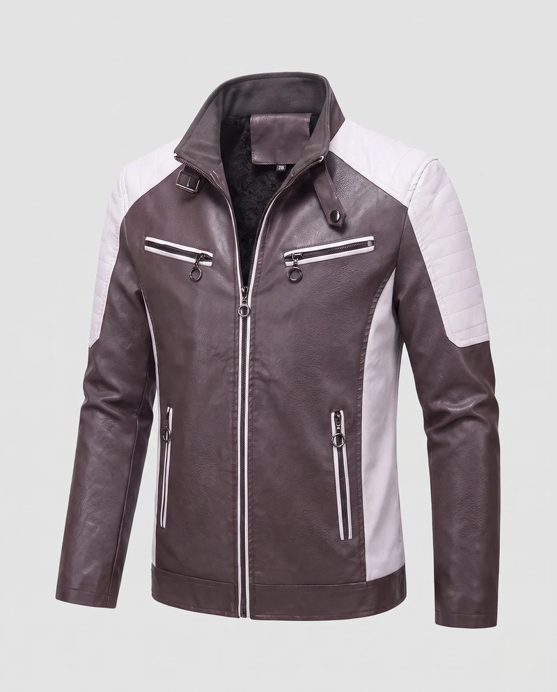 Herren Kunstleder Bikerjacke mit Teddyfutter, Stehkragen und dekorativem Riemen Drune