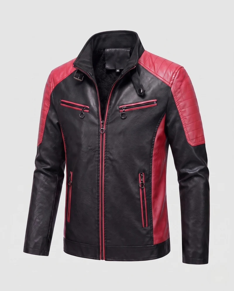 Herren Kunstleder Bikerjacke mit Teddyfutter, Stehkragen und dekorativem Riemen Drune