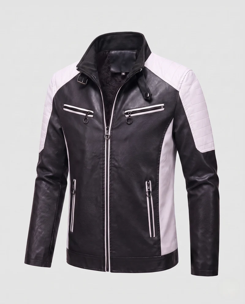 Herren Kunstleder Bikerjacke mit Teddyfutter, Stehkragen und dekorativem Riemen Drune