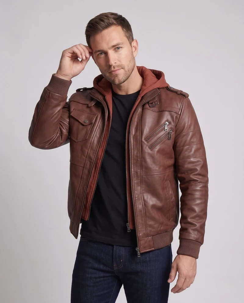 Herren Bomberjacke aus Kunstleder mit Tarnmuster und integriertem Hoodie-Innenlage Drune