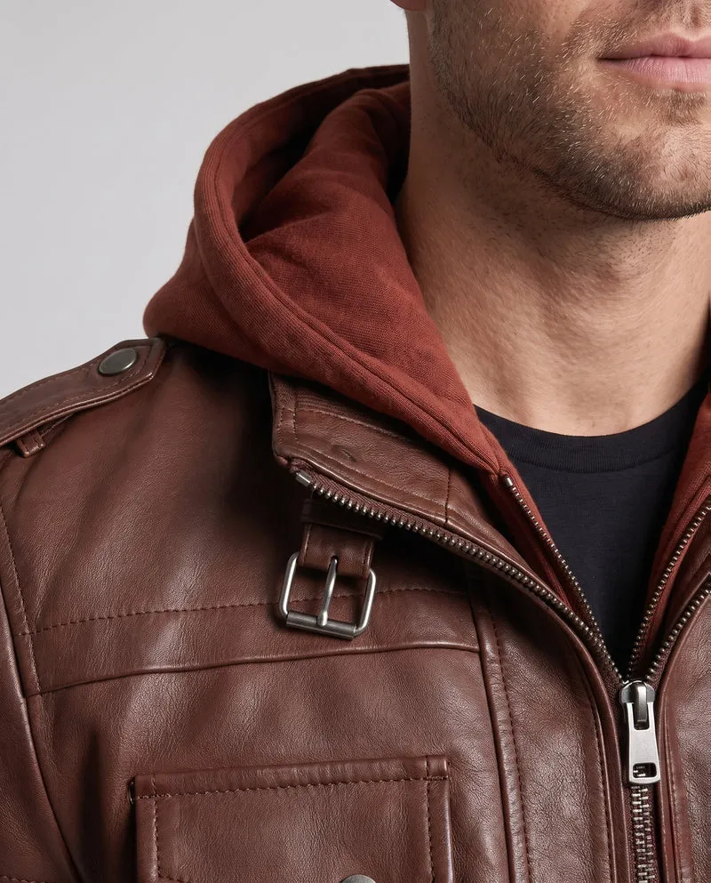 Herren Bomberjacke aus Kunstleder mit Tarnmuster und integriertem Hoodie-Innenlage Drune