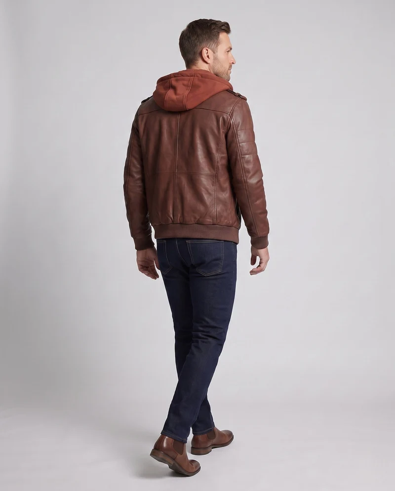 Herren Bomberjacke aus Kunstleder mit Tarnmuster und integriertem Hoodie-Innenlage Drune