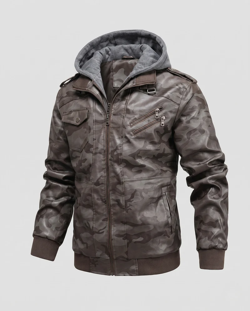 Herren Bomberjacke aus Kunstleder mit Tarnmuster und integriertem Hoodie-Innenlage Drune