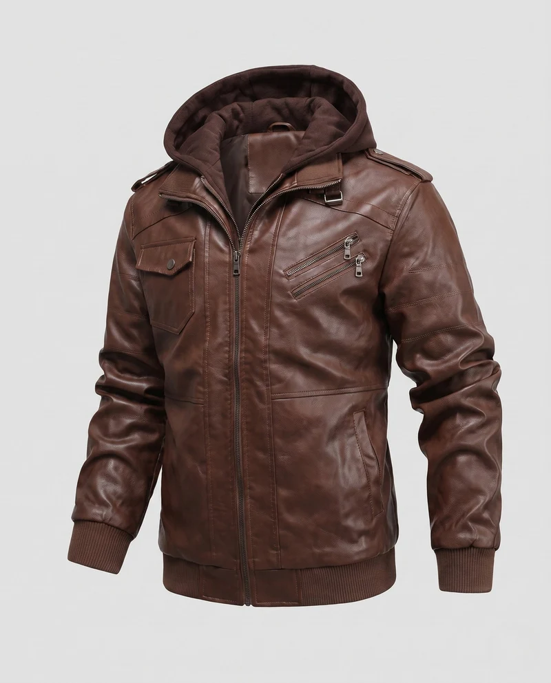 Herren Bomberjacke aus Kunstleder mit Tarnmuster und integriertem Hoodie-Innenlage Drune