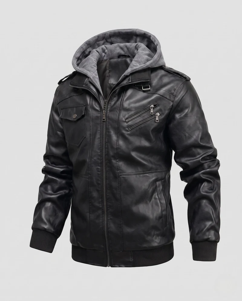 Herren Bomberjacke aus Kunstleder mit Tarnmuster und integriertem Hoodie-Innenlage Drune