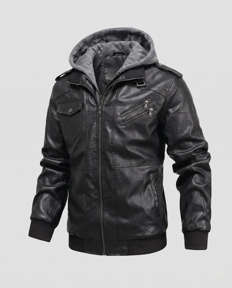 Herren Bomberjacke aus Kunstleder mit Tarnmuster und integriertem Hoodie-Innenlage Drune