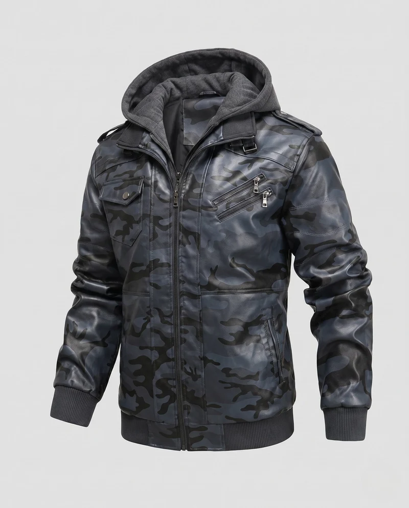 Herren Bomberjacke aus Kunstleder mit Tarnmuster und integriertem Hoodie-Innenlage Drune