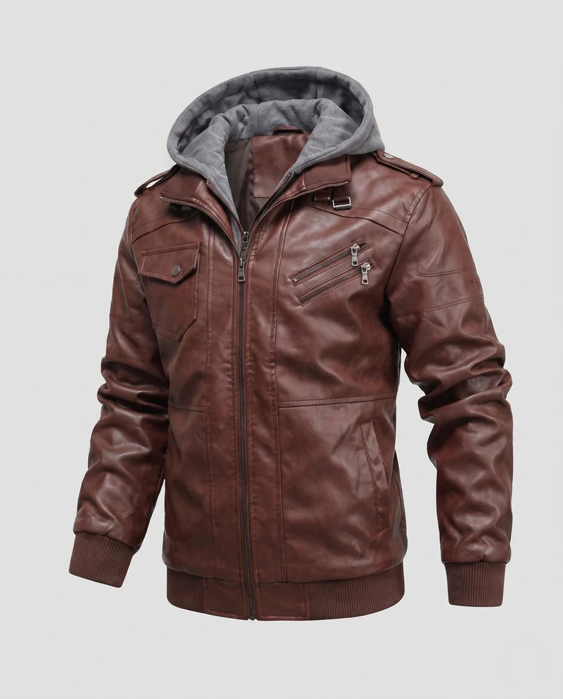 Herren Bomberjacke aus Kunstleder mit Tarnmuster und integriertem Hoodie-Innenlage Drune