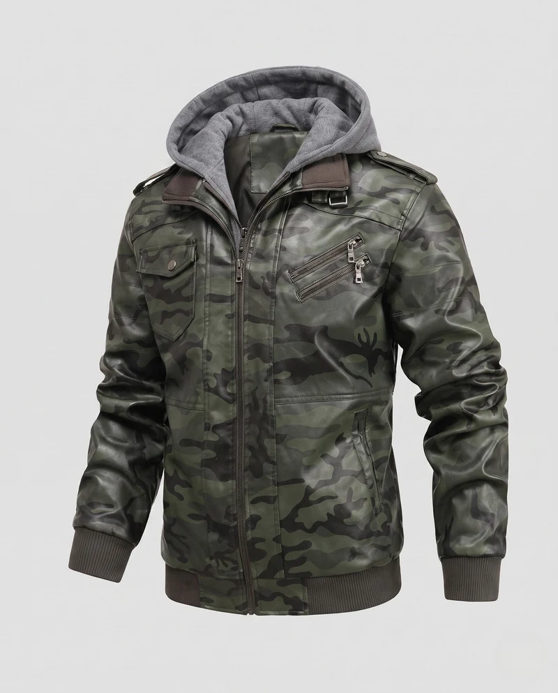 Herren Bomberjacke aus Kunstleder mit Tarnmuster und integriertem Hoodie-Innenlage Drune