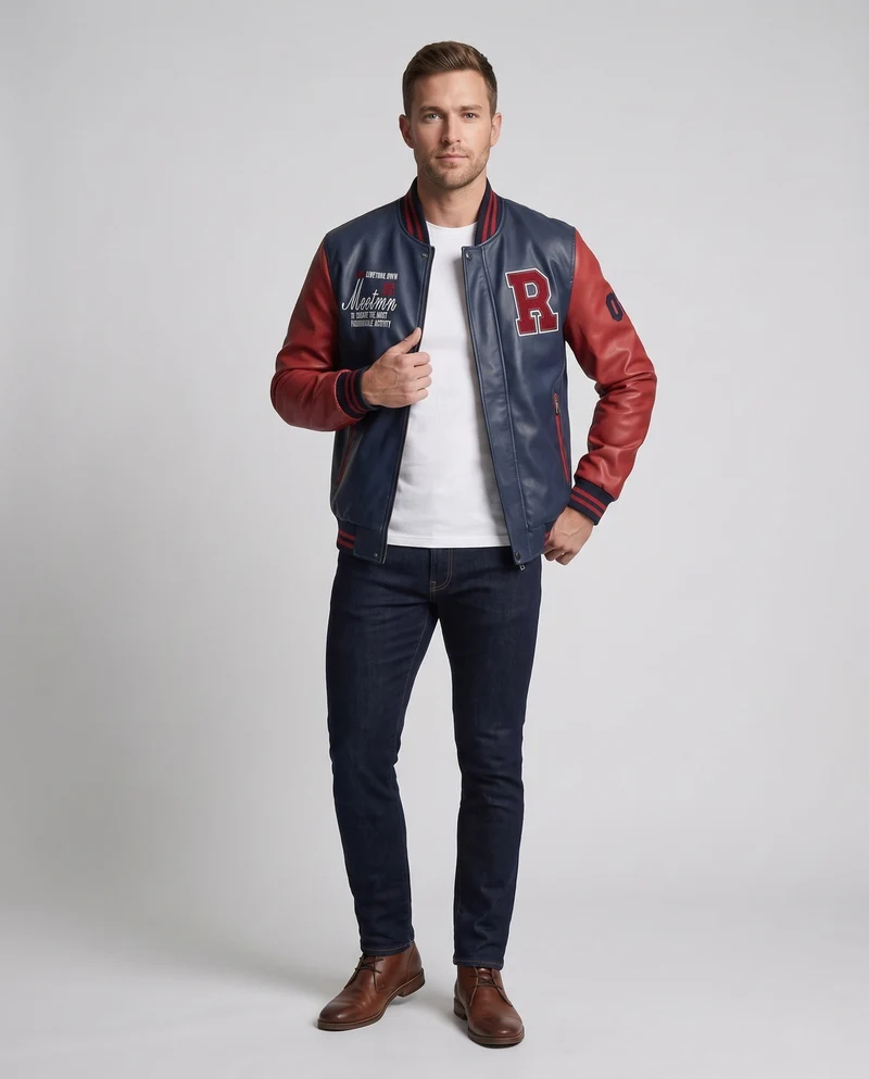 Herren Kunstleder College Bomberjacke mit gesticktem Patch und gerippten Bündchen Drune