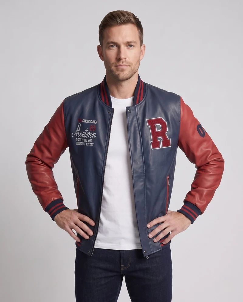 Herren Kunstleder College Bomberjacke mit gesticktem Patch und gerippten Bündchen Drune