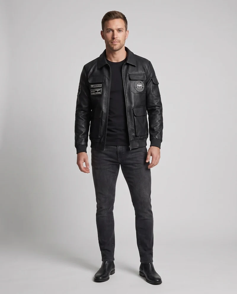 Herren Faux-Leder Field-Jacke im Pilotenstil mit Utility-Taschen und Patch-Details Drune