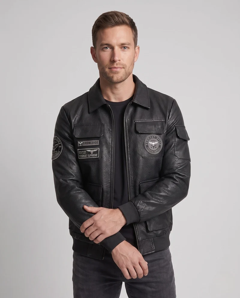 Herren Faux-Leder Field-Jacke im Pilotenstil mit Utility-Taschen und Patch-Details Drune