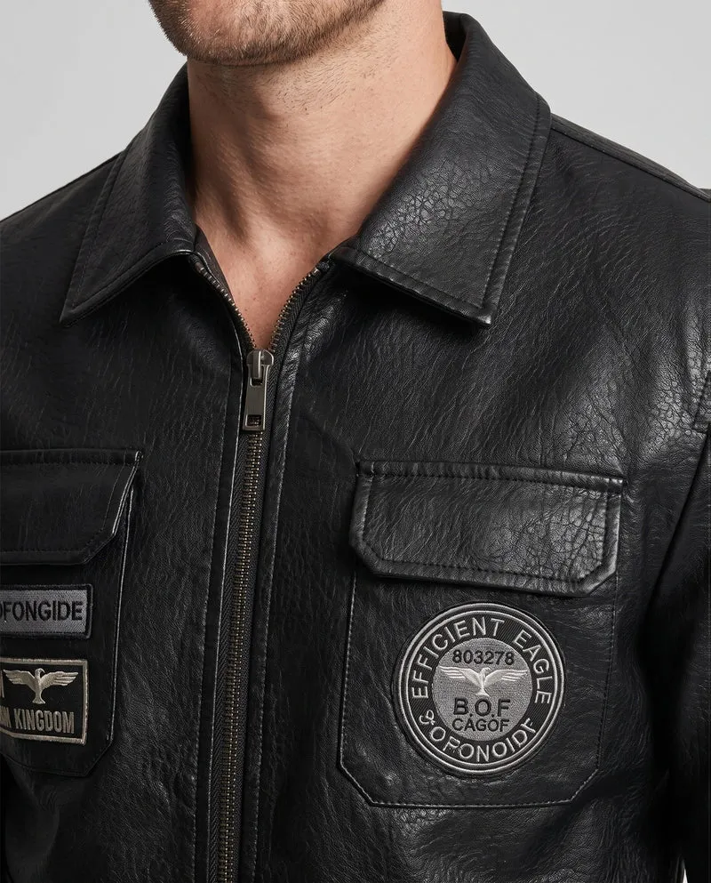 Herren Faux-Leder Field-Jacke im Pilotenstil mit Utility-Taschen und Patch-Details Drune