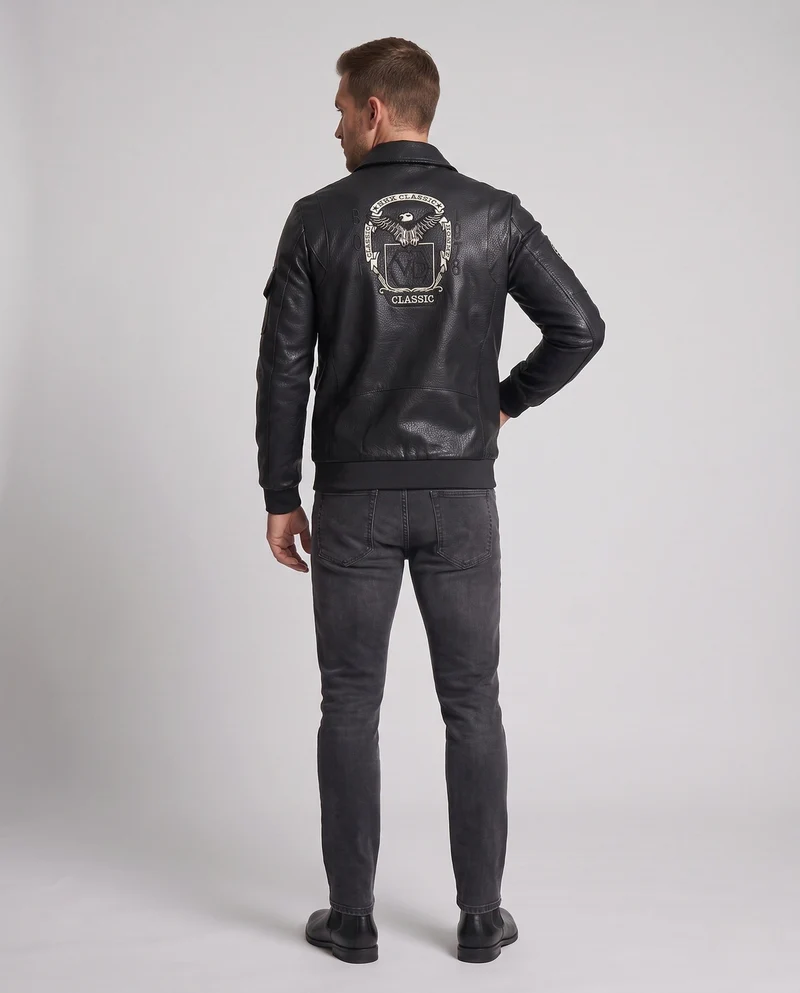 Herren Faux-Leder Field-Jacke im Pilotenstil mit Utility-Taschen und Patch-Details Drune
