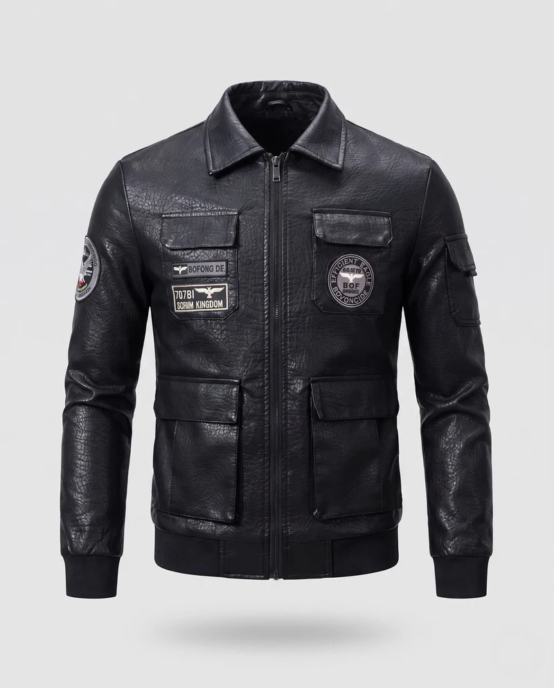 Herren Faux-Leder Field-Jacke im Pilotenstil mit Utility-Taschen und Patch-Details Drune