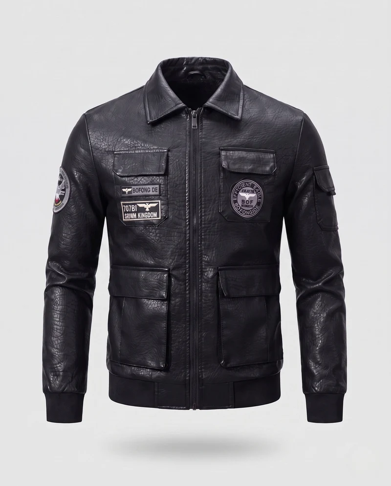 Herren Faux-Leder Field-Jacke im Pilotenstil mit Utility-Taschen und Patch-Details Drune