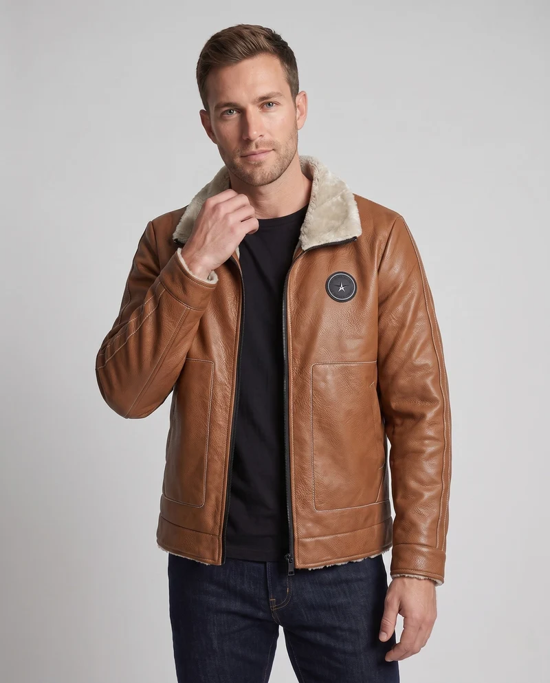 Herren Pilotenjacke aus Kunstleder mit Teddyfutter, Reißverschluss und dekorativen Nähten Drune