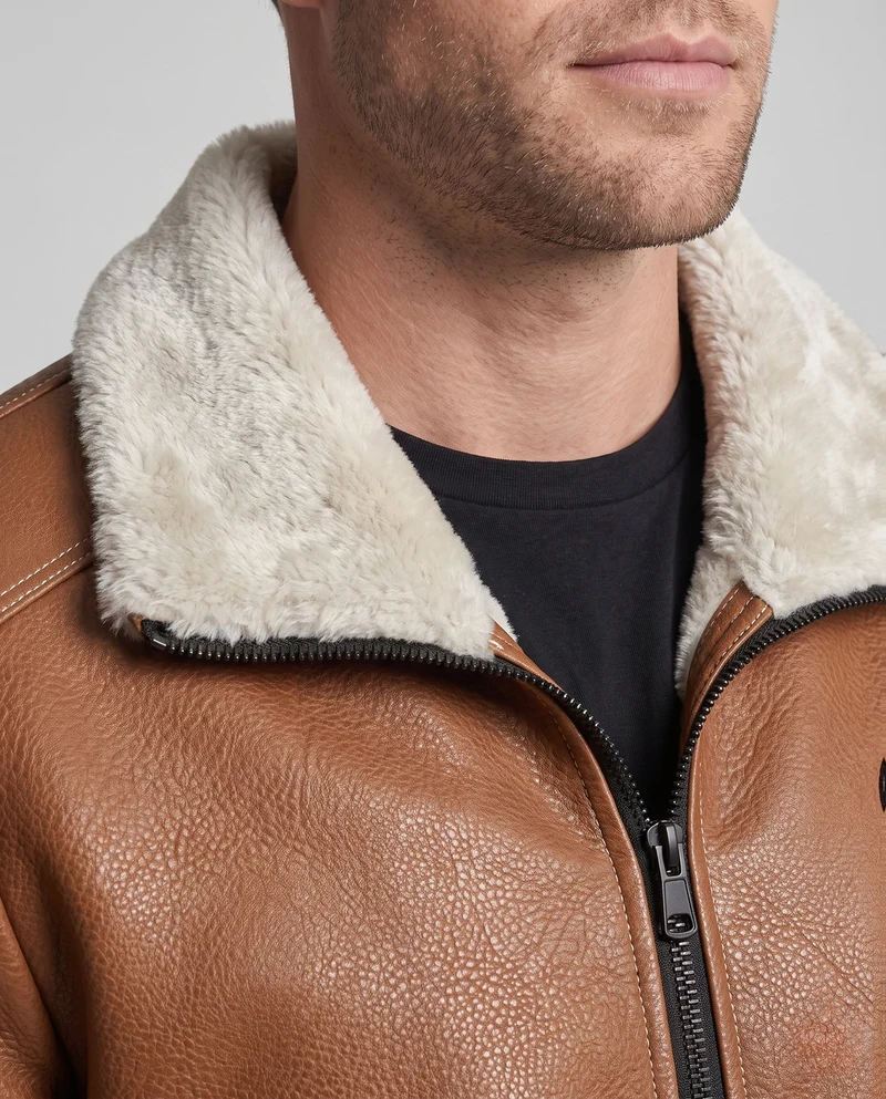 Herren Pilotenjacke aus Kunstleder mit Teddyfutter, Reißverschluss und dekorativen Nähten Drune