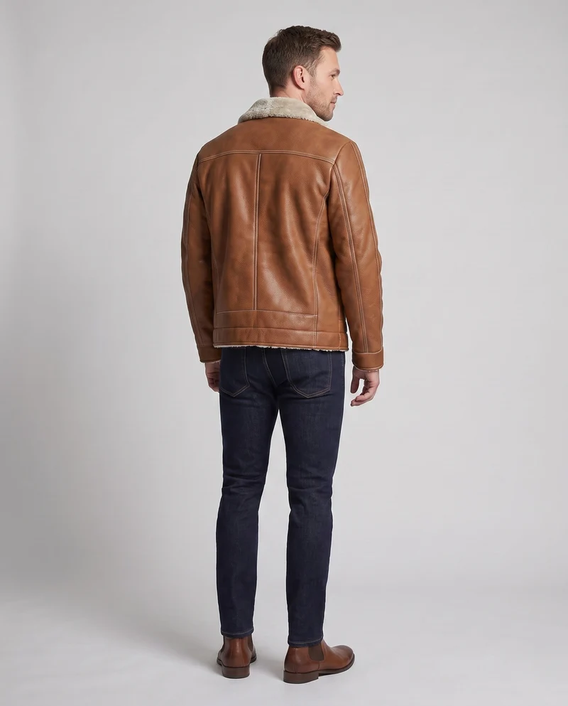 Herren Pilotenjacke aus Kunstleder mit Teddyfutter, Reißverschluss und dekorativen Nähten Drune