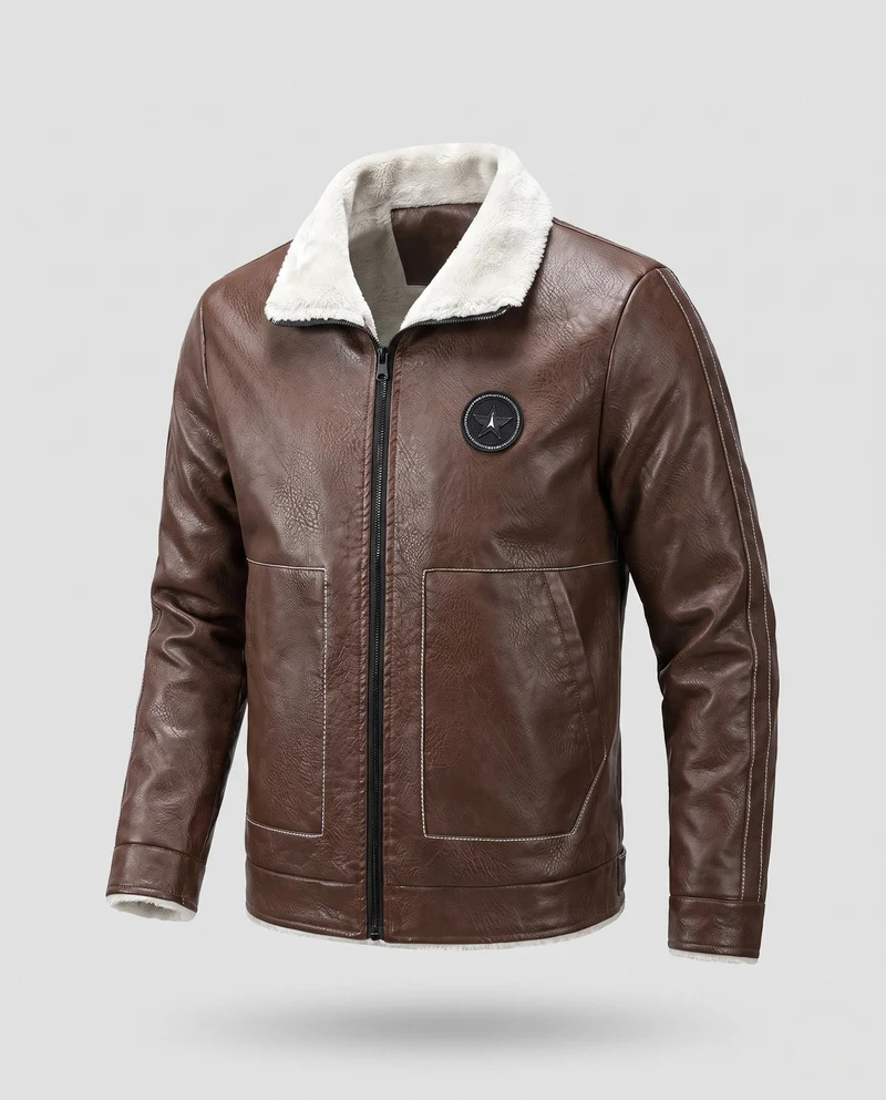 Herren Pilotenjacke aus Kunstleder mit Teddyfutter, Reißverschluss und dekorativen Nähten Drune