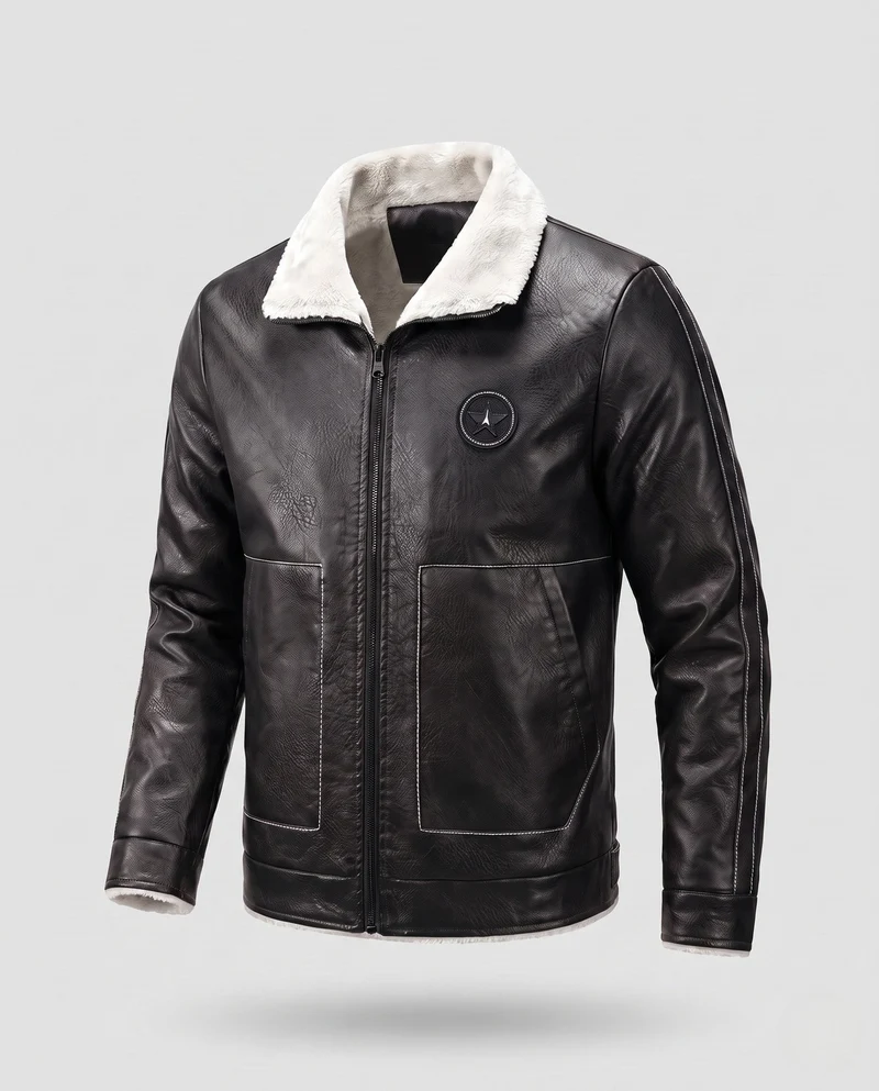 Herren Pilotenjacke aus Kunstleder mit Teddyfutter, Reißverschluss und dekorativen Nähten Drune