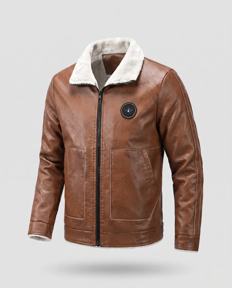 Herren Pilotenjacke aus Kunstleder mit Teddyfutter, Reißverschluss und dekorativen Nähten Drune