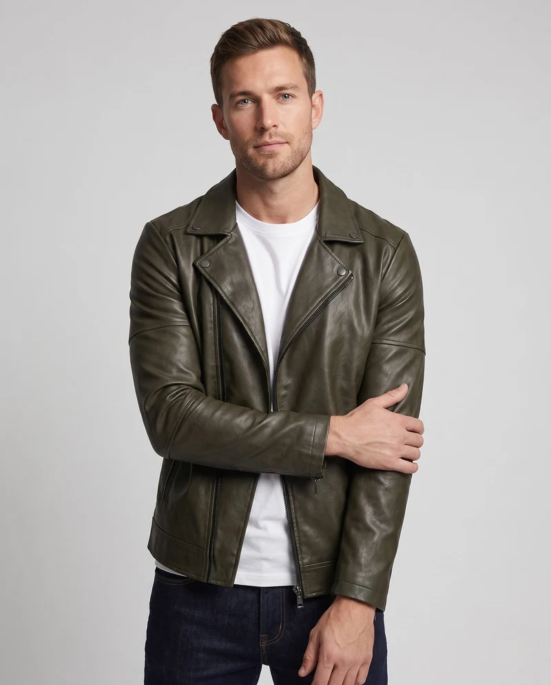 Herren Kunstleder Motorradjacke Slim Fit mit Schulterklappen und dekorativen Reißverschlüssen Drune