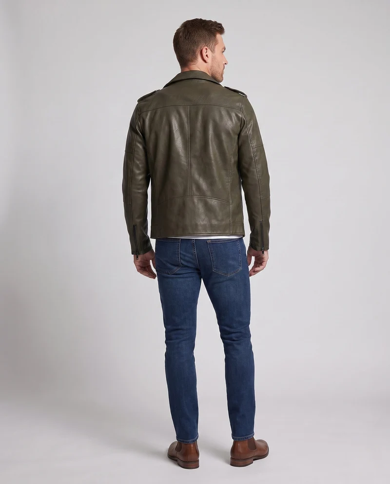 Herren Kunstleder Motorradjacke Slim Fit mit Schulterklappen und dekorativen Reißverschlüssen Drune