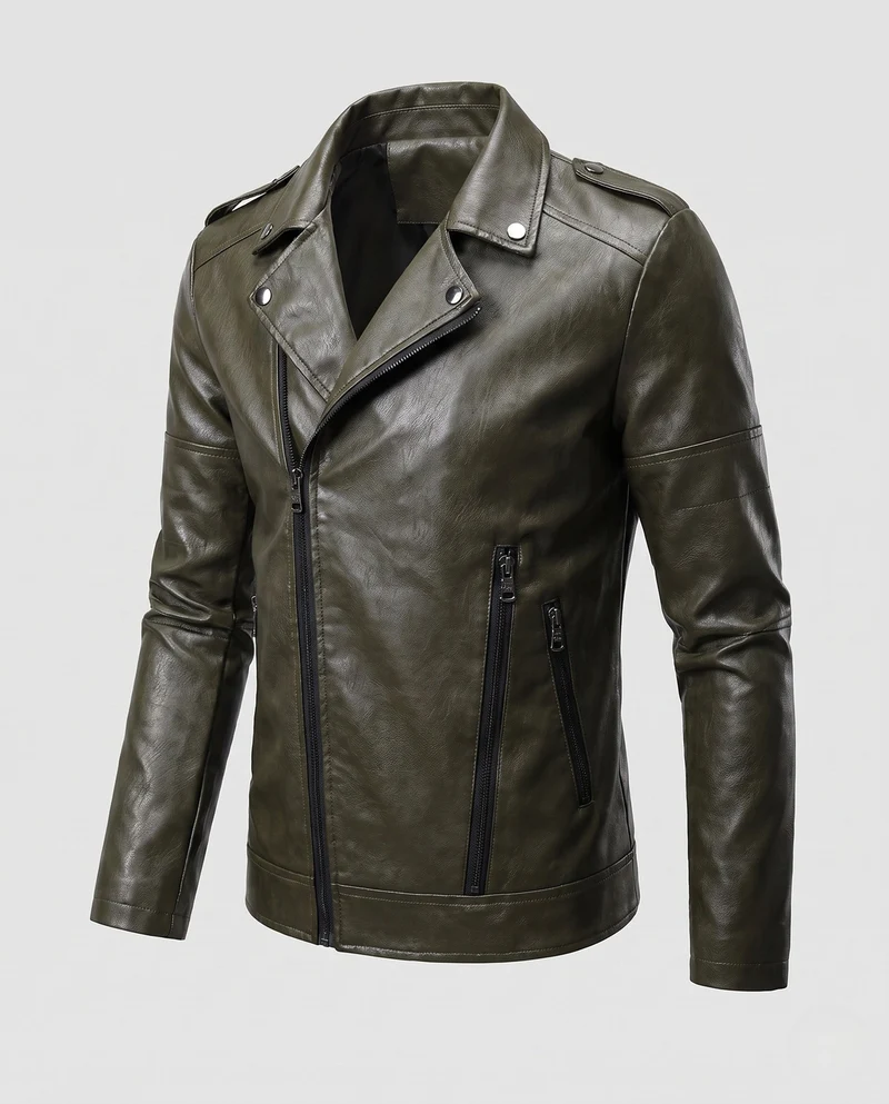 Herren Kunstleder Motorradjacke Slim Fit mit Schulterklappen und dekorativen Reißverschlüssen Drune