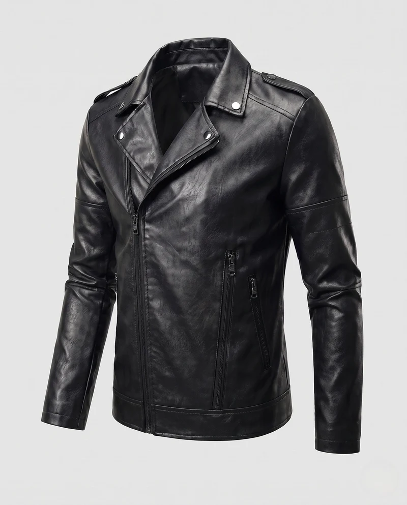 Herren Kunstleder Motorradjacke Slim Fit mit Schulterklappen und dekorativen Reißverschlüssen Drune