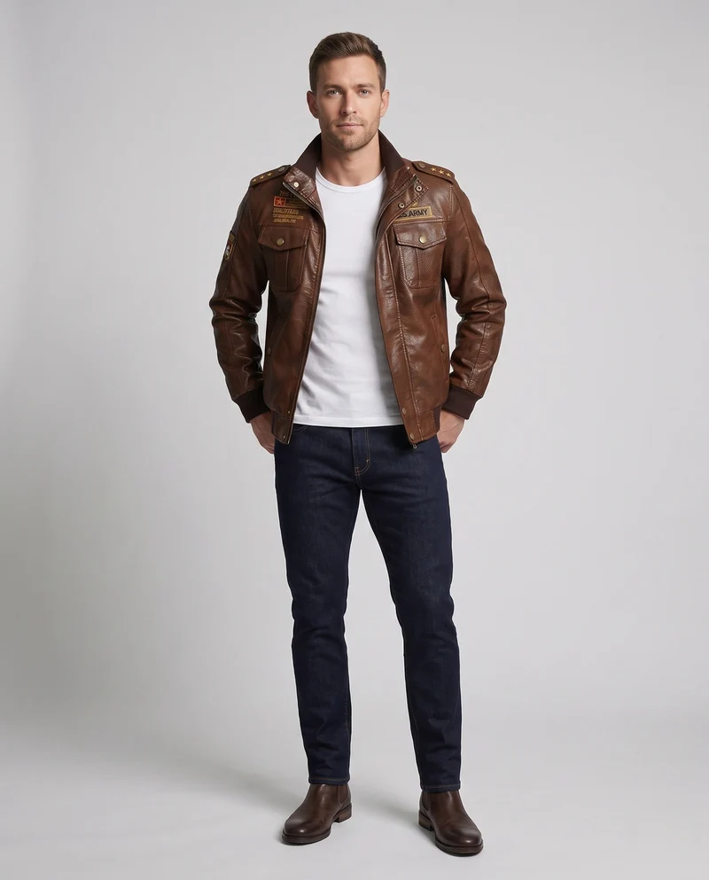 Herren-Pilotjacke aus synthetischem Leder mit wärmendem Teddyfutter und Schulterepauletten Drune