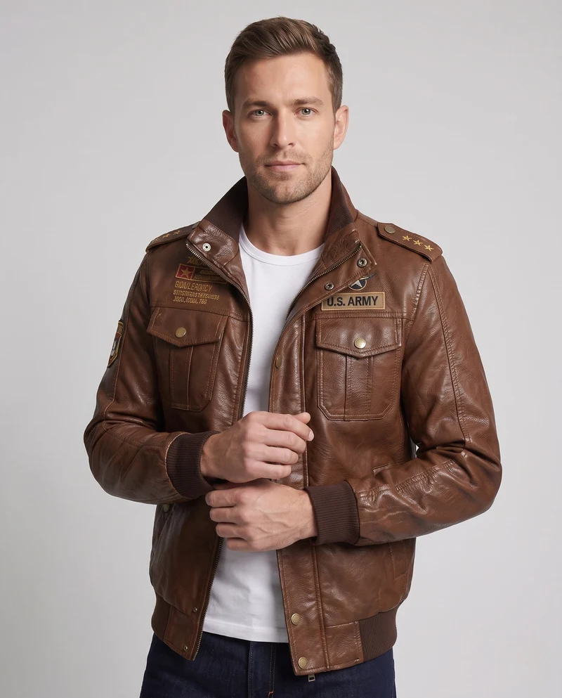 Herren-Pilotjacke aus synthetischem Leder mit wärmendem Teddyfutter und Schulterepauletten Drune