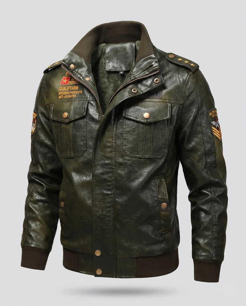Herren-Pilotjacke aus synthetischem Leder mit wärmendem Teddyfutter und Schulterepauletten Drune