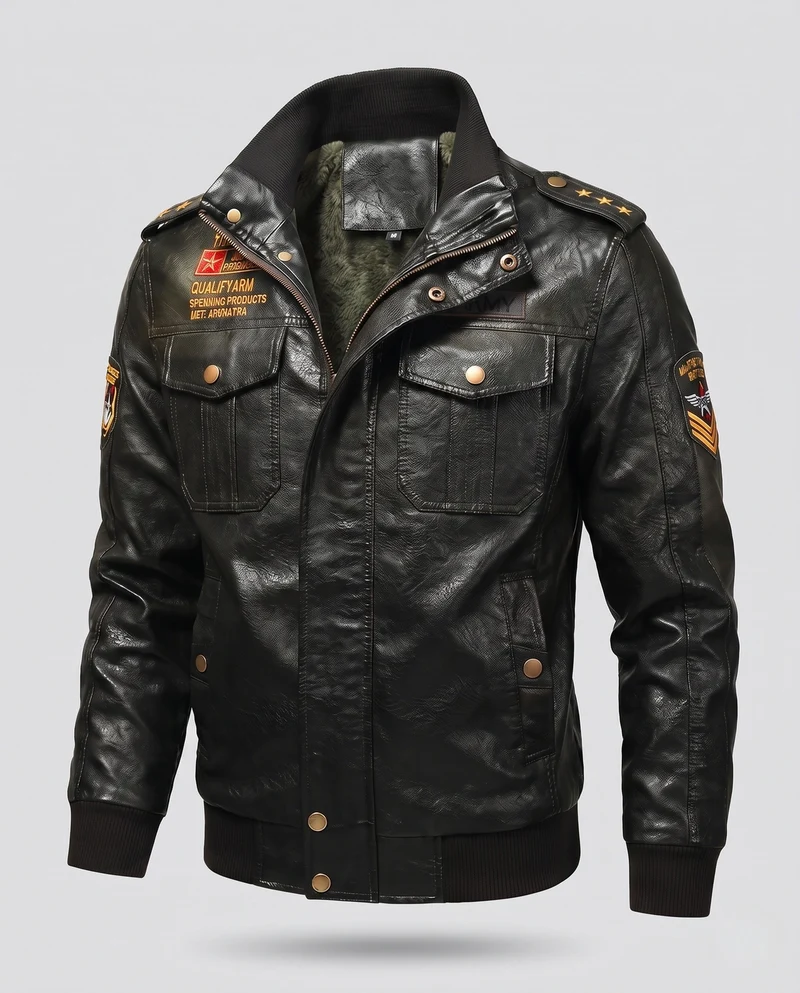 Herren-Pilotjacke aus synthetischem Leder mit wärmendem Teddyfutter und Schulterepauletten Drune
