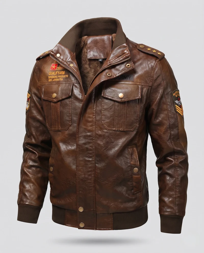 Herren-Pilotjacke aus synthetischem Leder mit wärmendem Teddyfutter und Schulterepauletten Drune