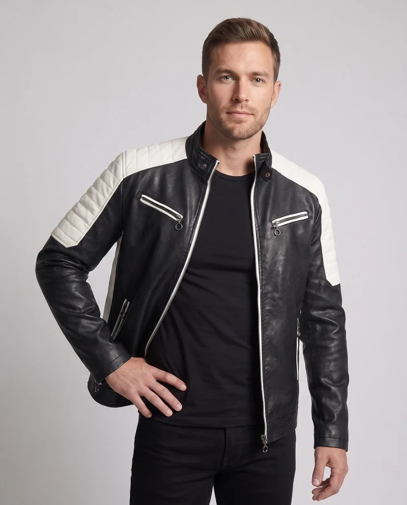 Herren Kunstleder Pilot Blouson mit gestepptem Schulterbereich, Reißverschluss-Taschen und Teddy-Futter Drune