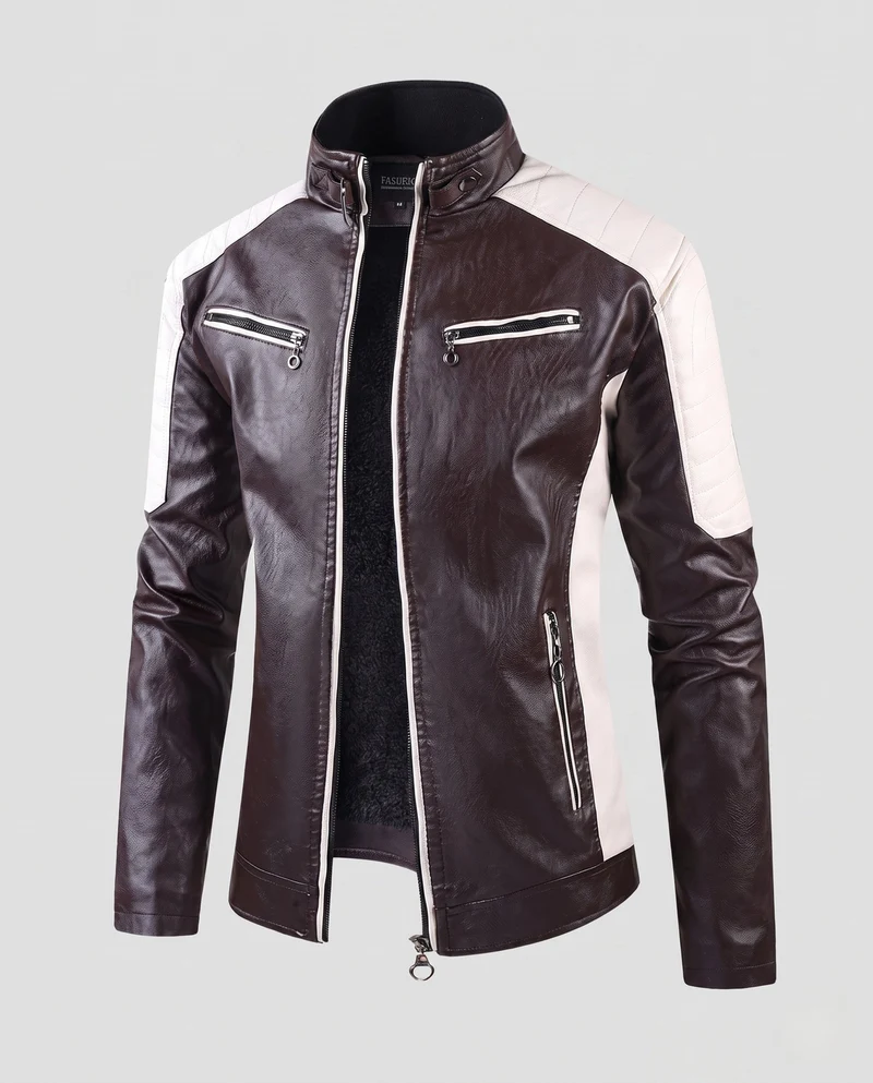 Herren Kunstleder Pilot Blouson mit gestepptem Schulterbereich, Reißverschluss-Taschen und Teddy-Futter Drune