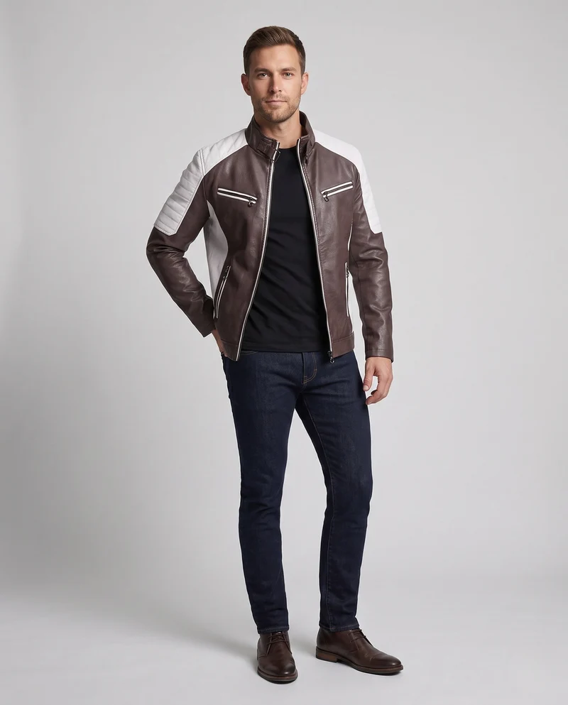 Herren Kunstleder Pilotjacke mit Sherpa-Futter und Stehkragen Drune