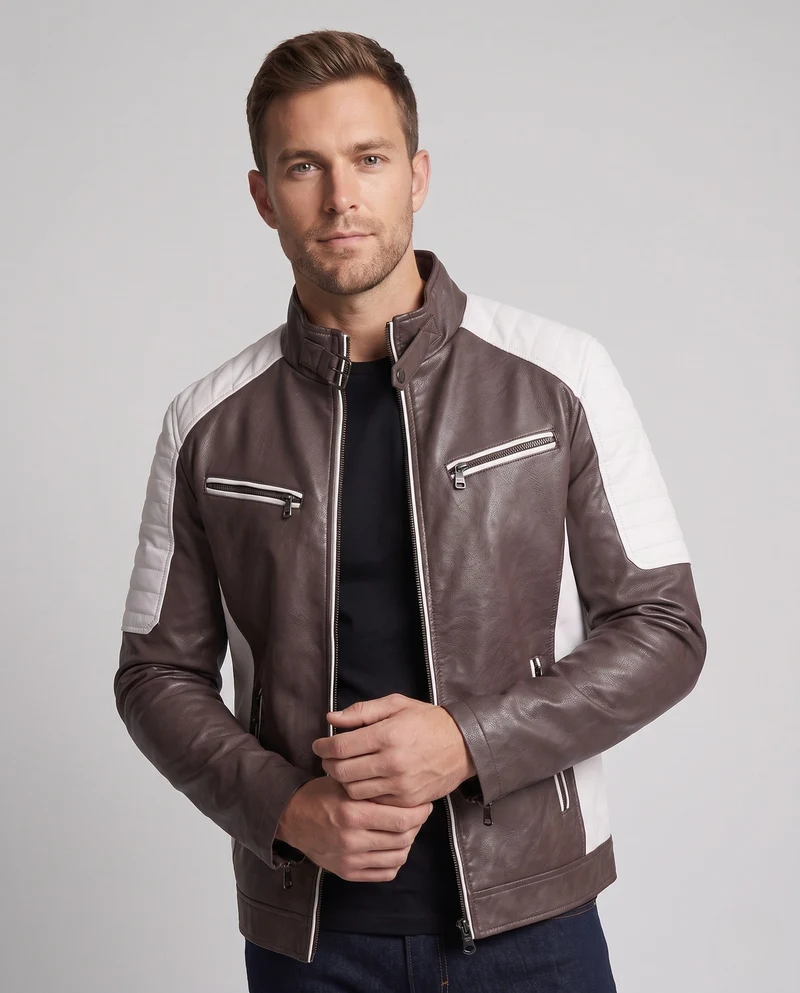 Herren Kunstleder Pilotjacke mit Sherpa-Futter und Stehkragen Drune