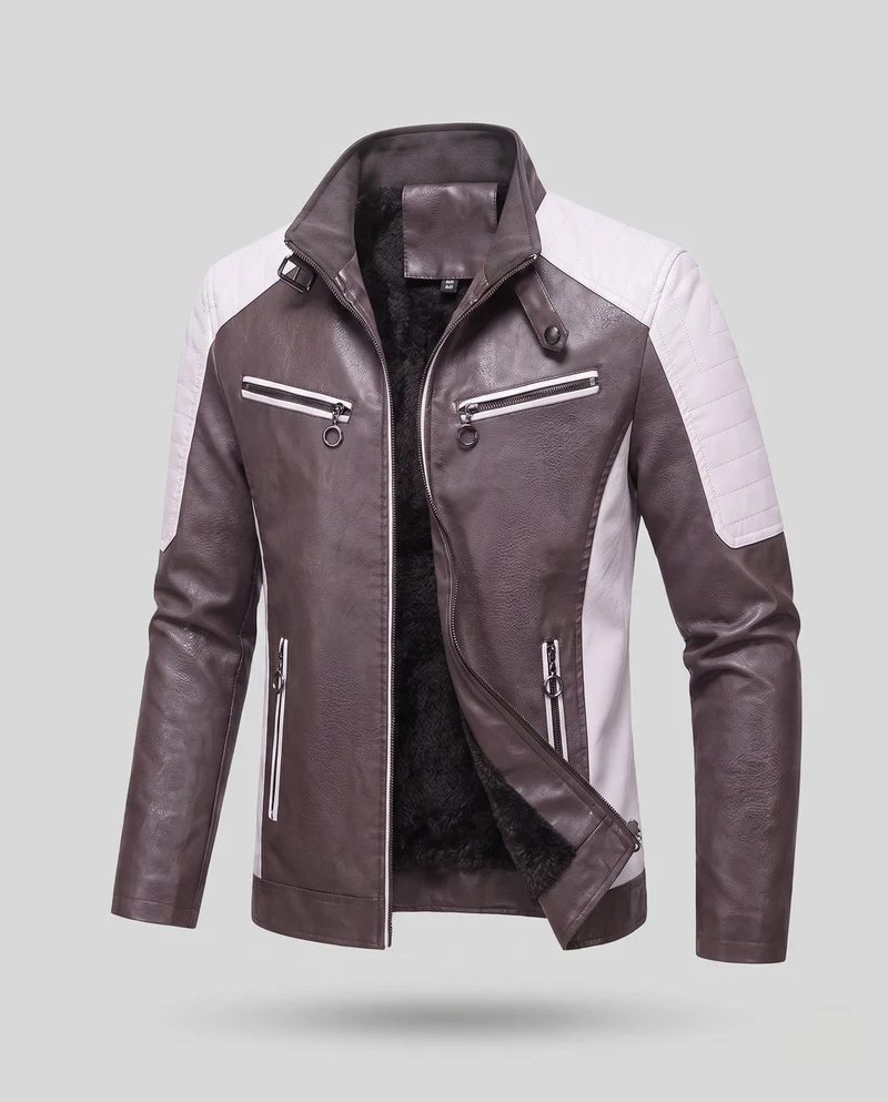 Herren Kunstleder Pilotjacke mit Sherpa-Futter und Stehkragen Drune