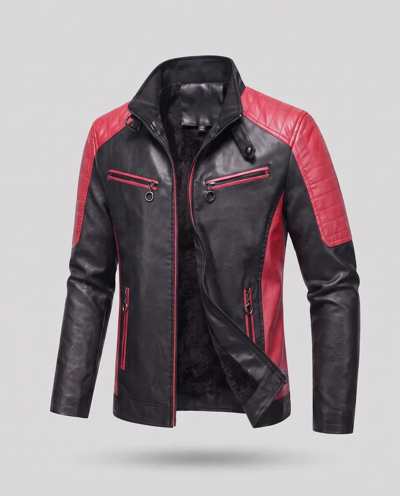 Herren Kunstleder Pilotjacke mit Sherpa-Futter und Stehkragen Drune