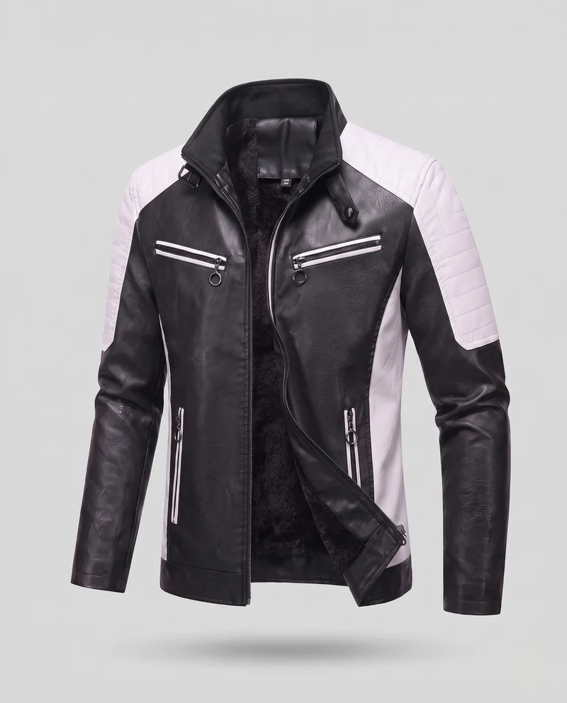 Herren Kunstleder Pilotjacke mit Sherpa-Futter und Stehkragen Drune