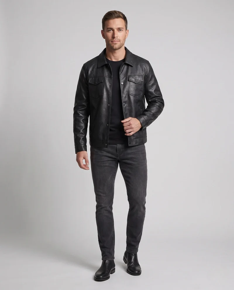 Herren Kunstleder Truckerjacke mit geprägtem Monogramm, Druckknopf-Front und Klapptaschen Drune