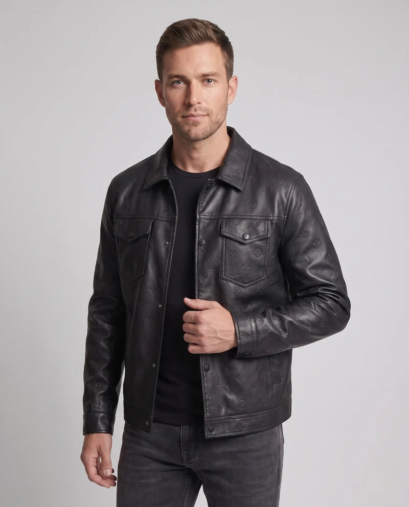 Herren Kunstleder Truckerjacke mit geprägtem Monogramm, Druckknopf-Front und Klapptaschen Drune
