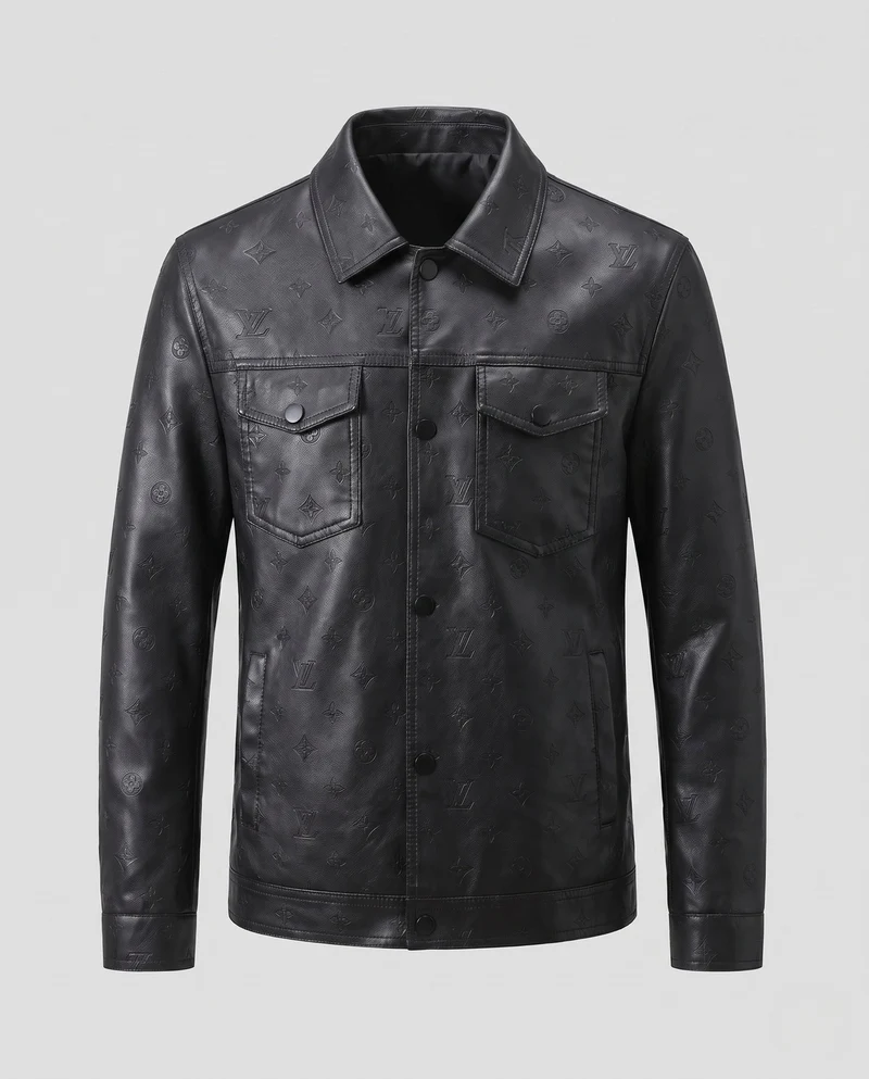 Herren Kunstleder Truckerjacke mit geprägtem Monogramm, Druckknopf-Front und Klapptaschen Drune
