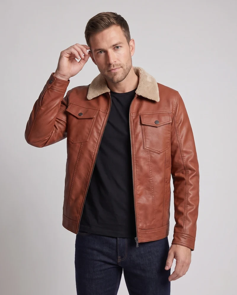 Männer Jacke aus Kunstleder mit Teddykragen und Reißverschluss Drune
