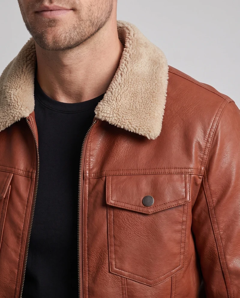 Männer Jacke aus Kunstleder mit Teddykragen und Reißverschluss Drune