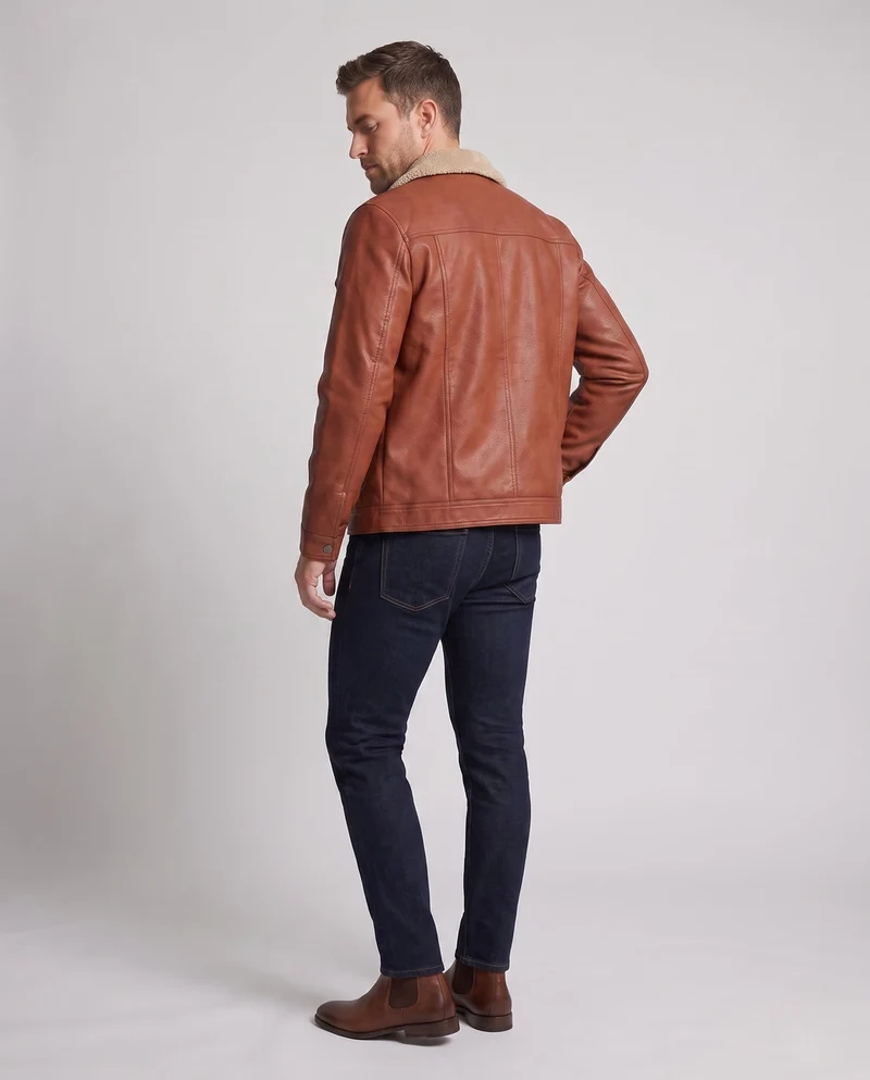Männer Jacke aus Kunstleder mit Teddykragen und Reißverschluss Drune